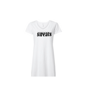 white sweats V-neck t-shirt dress with black logo
