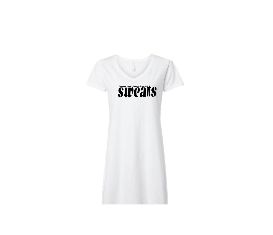 white sweats V-neck t-shirt dress with black logo
